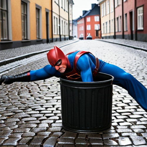 Home 15 ** Blixtmannen, a superhero with a humorous expression, tripping over a cobblestone and falling into a trash can while trying to save the day in a rainy Swedish street, reflecting Scandinavian humor.
**