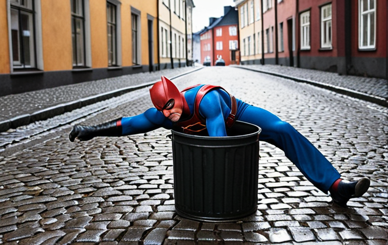 ** Blixtmannen, a superhero with a humorous expression, tripping over a cobblestone and falling into a trash can while trying to save the day in a rainy Swedish street, reflecting Scandinavian humor.
**