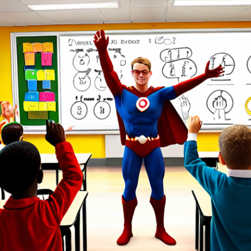 Home 14 **
Prompt: A vibrant, colorful illustration depicting Blixtmannen, the superhero, standing in front of a diverse group of children in a classroom. The children are actively participating in a lesson, some raising their hands, others working in groups. In the background, subtly incorporate symbols representing different school subjects (books, test tubes, mathematical equations). The overall feeling should be inspiring and empowering, highlighting the importance of education and collaboration. Emphasis should be placed on the idea that school is a place where children develop and prepare for their future. The setting should feel like a modern Swedish school.
**