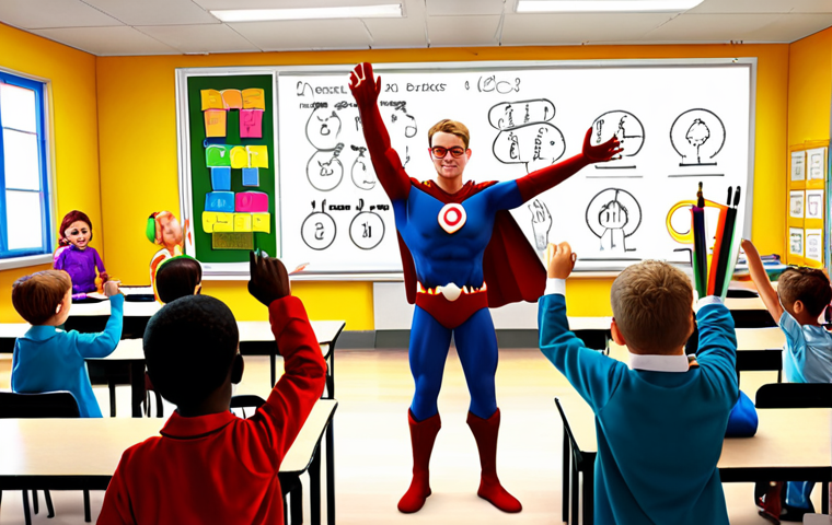 **
Prompt: A vibrant, colorful illustration depicting Blixtmannen, the superhero, standing in front of a diverse group of children in a classroom. The children are actively participating in a lesson, some raising their hands, others working in groups. In the background, subtly incorporate symbols representing different school subjects (books, test tubes, mathematical equations). The overall feeling should be inspiring and empowering, highlighting the importance of education and collaboration. Emphasis should be placed on the idea that school is a place where children develop and prepare for their future. The setting should feel like a modern Swedish school.
**