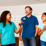 A diverse family, including parents and two children (approximately 6-10 years old), standing together. All subjects are fully clothed in comfortable, modest, and appropriate casual attire suitable for a cozy home environment. The scene is a brightly lit, modern living room with warm lighting, subtle string lights, and a large television screen displaying colorful, family-friendly karaoke lyrics. The family members are naturally posed, smiling and singing enthusiastically into microphones, exhibiting genuine joy and connection. Perfect anatomy, correct proportions, well-formed hands, proper finger count, natural body proportions. Professional studio photography, vibrant colors, soft lighting, high resolution, detailed, safe for work, appropriate content, fully clothed, family-friendly.