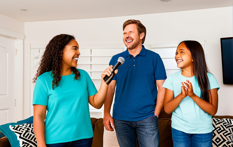 A diverse family, including parents and two children (approximately 6-10 years old), standing together. All subjects are fully clothed in comfortable, modest, and appropriate casual attire suitable for a cozy home environment. The scene is a brightly lit, modern living room with warm lighting, subtle string lights, and a large television screen displaying colorful, family-friendly karaoke lyrics. The family members are naturally posed, smiling and singing enthusiastically into microphones, exhibiting genuine joy and connection. Perfect anatomy, correct proportions, well-formed hands, proper finger count, natural body proportions. Professional studio photography, vibrant colors, soft lighting, high resolution, detailed, safe for work, appropriate content, fully clothed, family-friendly.